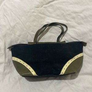 DKNY black linen olive lime leather accents mini vintage bag euc